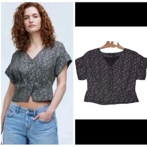 Madewell Women Large Black White Floral Paisley Print Crop Top Short Sleeve SP24